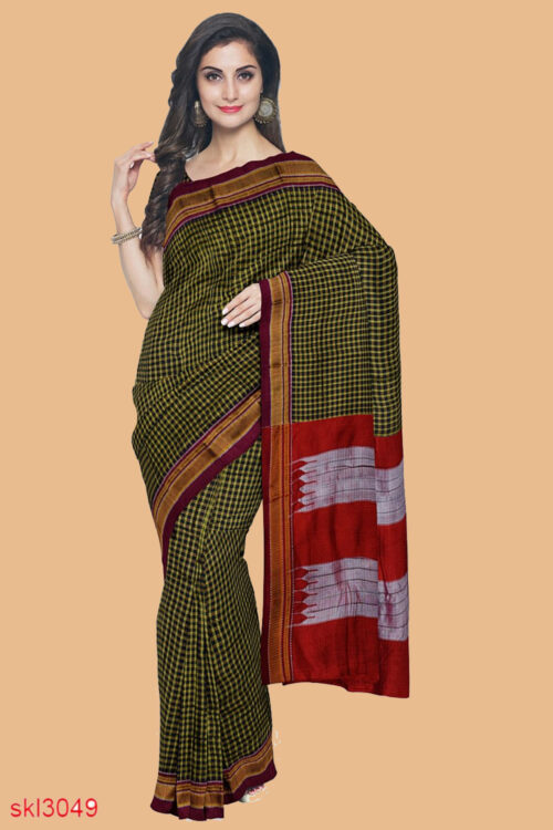 ILKAL HANDLOOM SILK BY COTTON SMALL CHECKS CHIKKI PARAS SAREES