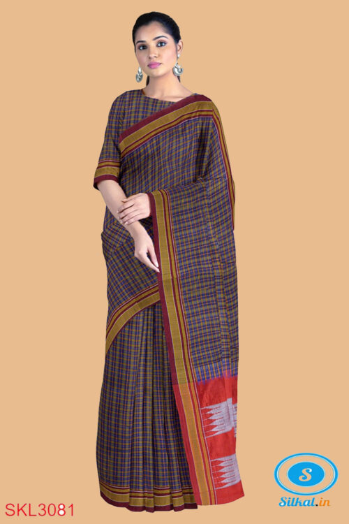 ILKAL HANDLOOM SILK BY COTTON SMALL CHECKS CHIKKI PARAS SAREES