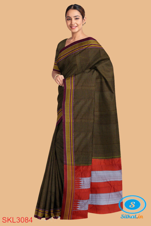 ILKAL HANDLOOM SILK BY COTTON SMALL CHECKS CHIKKI PARAS SAREES
