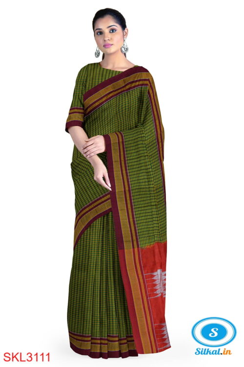 ILKAL HANDLOOM SILK BY COTTON SMALL CHACKS BIG BHOOMI BORDER SAREES