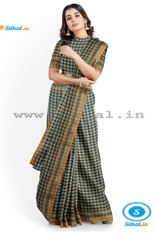 ILKAL COTTON SMALL CHECKS SAREE WITH GOMI BORDER