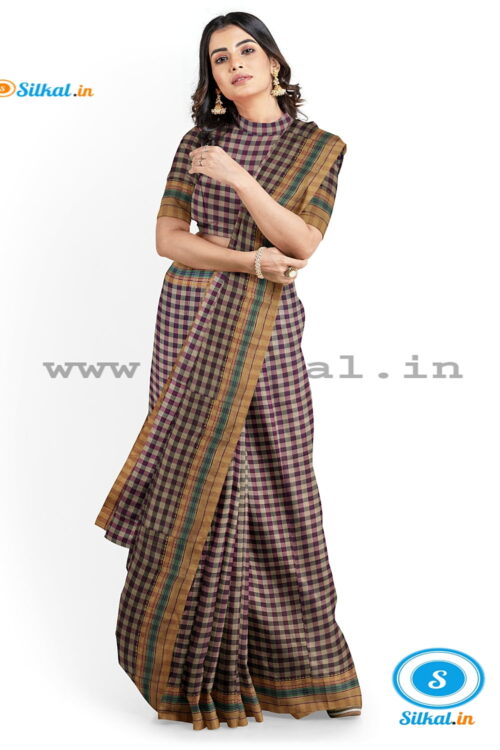 ILKAL COTTON SMALL CHECKS SAREE WITH GOMI BORDER