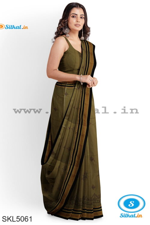 ILKAL SILK BY COTTON TWO TONE KASUTI WORK SAREE