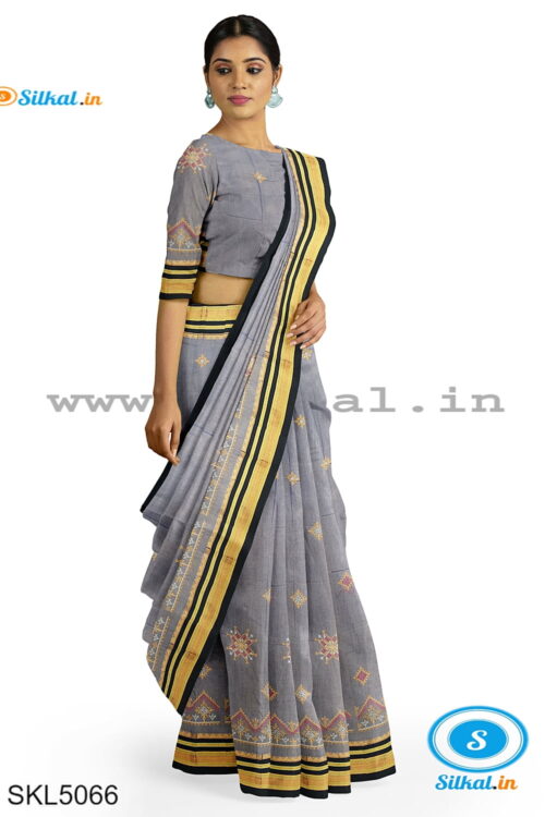 ILKAL SILK BY COTTON TWO TONE KASUTI WORK SAREE