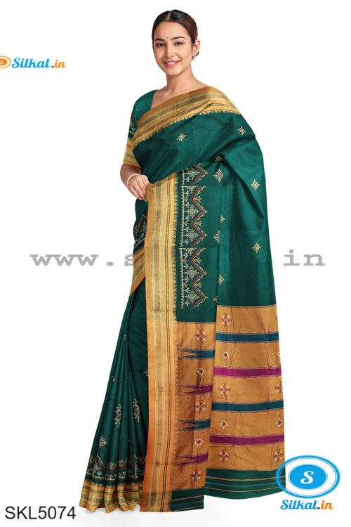 ILKAL SILK BY COTTON TWO TONE KASUTI WORK SAREE