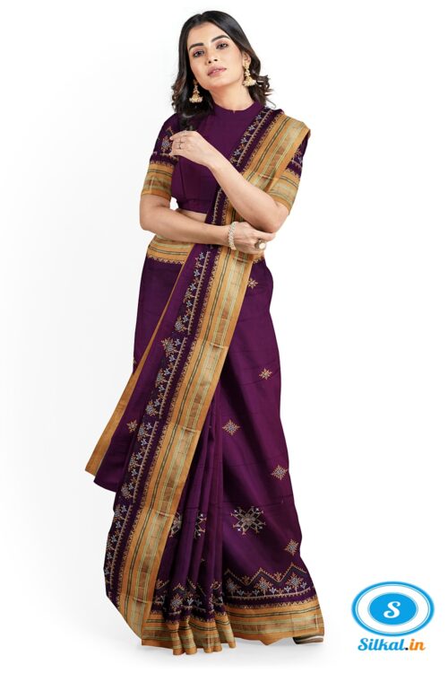 ILKAL SILK BY COTTON TWO TONE KASUTI WORK SAREE