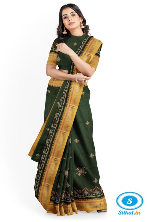 ILKAL SILK BY COTTON TWO TONE KASUTI WORK SAREE