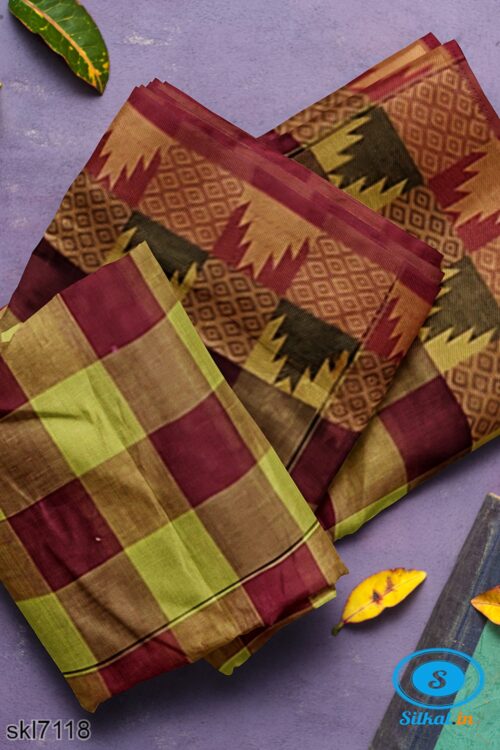 BANAHATTI BIG CHECKS COTTON SAREE WITH TEMPLE BORDER