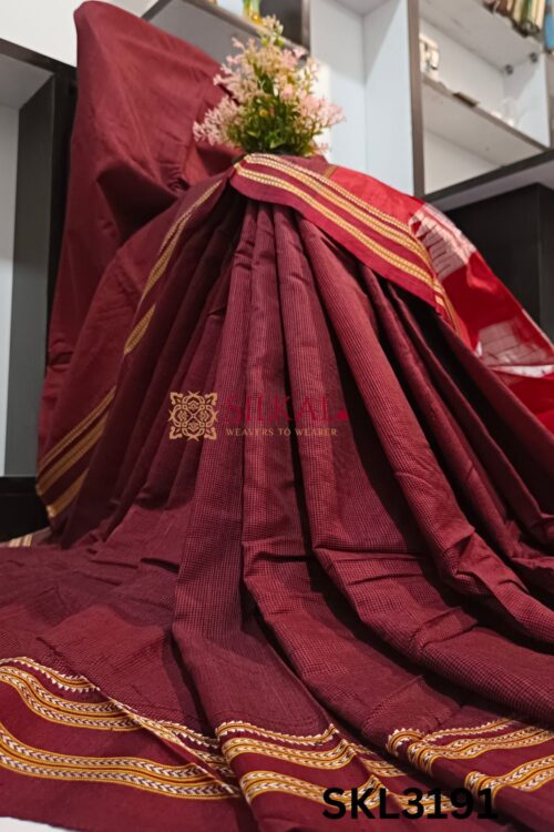 Ilkal Handloom Silk by Cotton Small Checks Bhoomi Border Saree